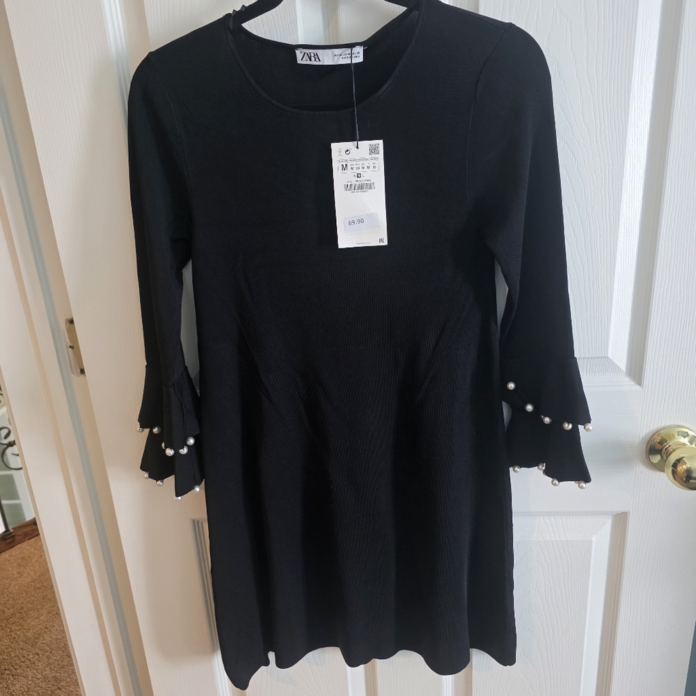 Zara Black Pearl-Embellished Fluted Sleeve Tunic